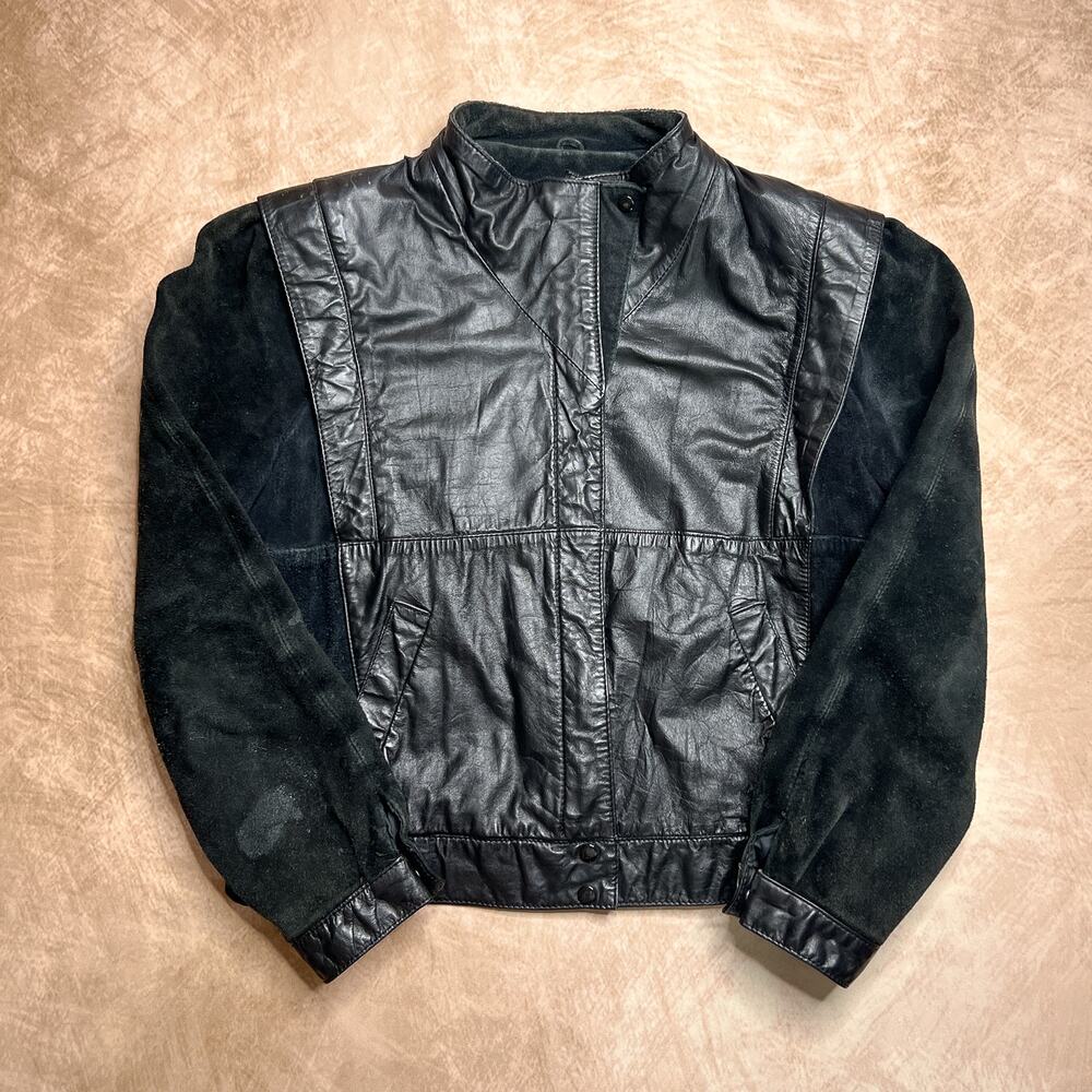 Vintage 80s Suede Leather Color Block Moto Jacket Black Mock Neck Biker Grunge